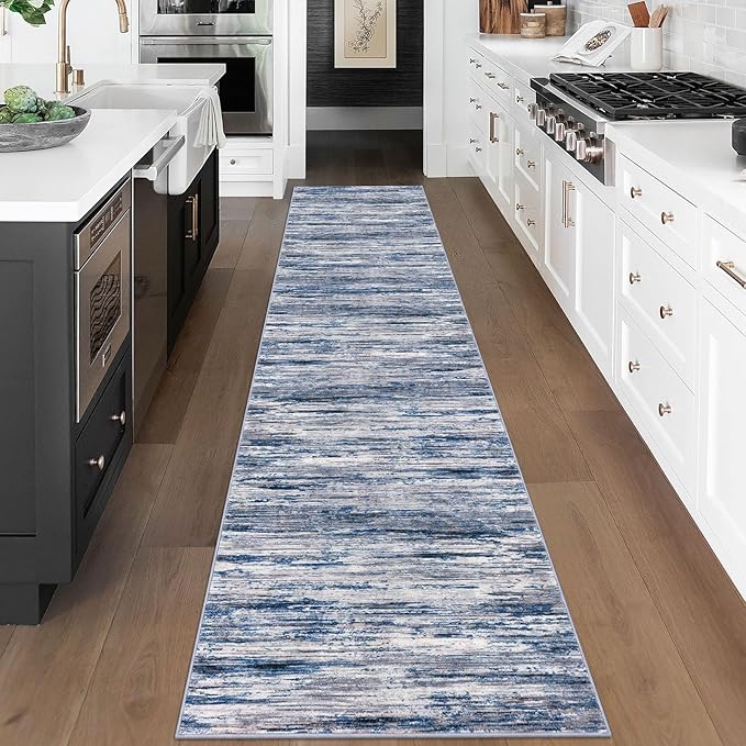 SIILOOM 2.6x18 Modern Abstract Runner Rug for Hallways, Navy Blue Gray Neutral Multi Super Soft Hallway Decor Kitchen Rugs with Non-Slip, Non-Shedding Washable Rug for Entryway Bedroom Indoor