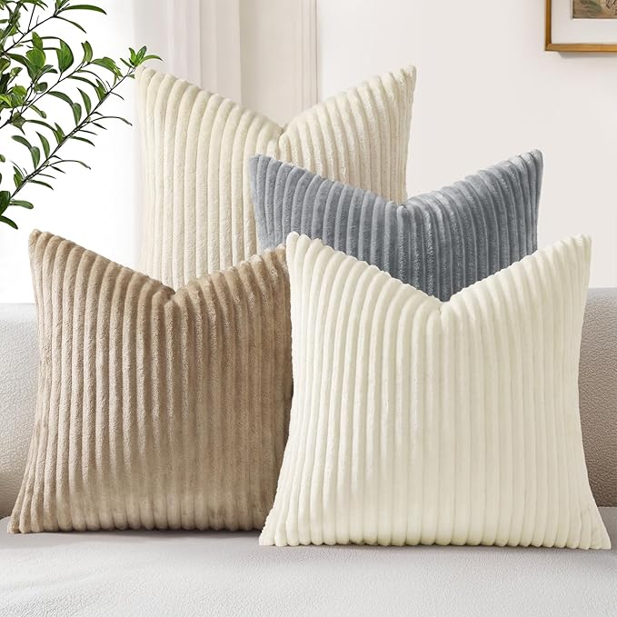 decorUhome Set of 4 Flannel Throw Pillow Covers 16x16 Inch, Spring Decorative Soft Double-Sided Fluffy Couch Pillow Covers, Farmhouse Neutral Pillow Cases for Sofa Living Room (Beige/White)