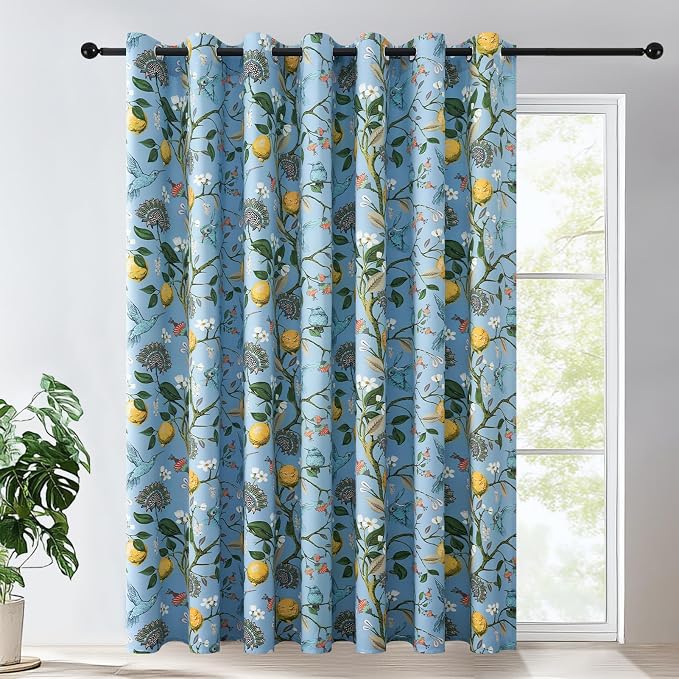 Topfinel Sliding Door Patio Floral Curtains & Drapes, Blackout Extra Wide Room Divider Large Blue Vintage Farmhouse Country Hummingbird Patterned Grommet Curtains 1 Single Panels W100 x L84