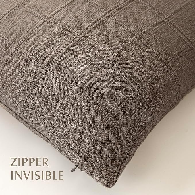 Foindtower Set of 2 Decorative Linen Check Throw Pillow Covers Neutral Farmhouse Vintage Cushion Covers Modern Boho Home Decor for Sofa Chair Couch Bedroom Living Room,22×22 Inch,Taupe Grey