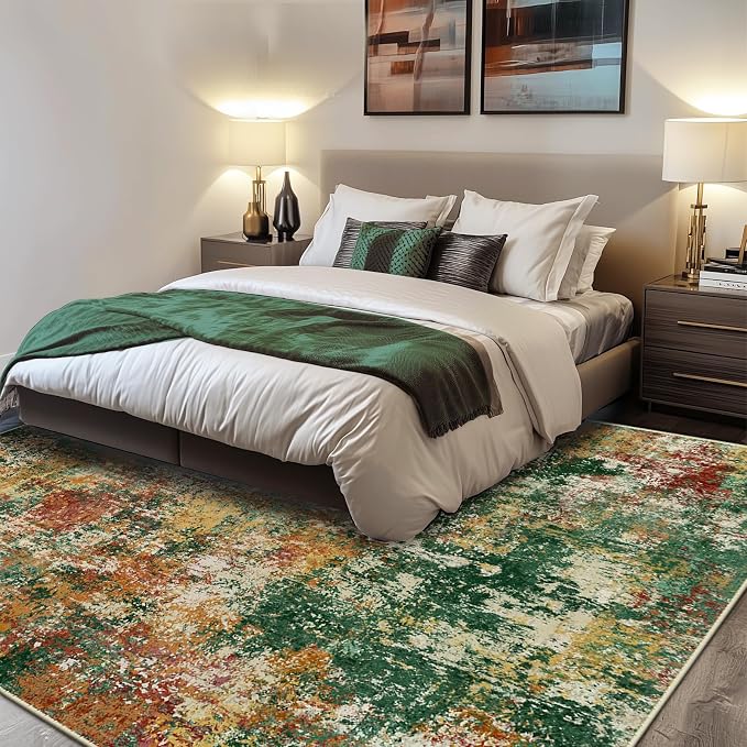 RELEANY Washable Area Rugs Square 8ft Non-Slip Modern Abstract Soft for Living Room Entryway Bedroom Kitchen, Print Pattern, Green Orange Rust Red Cream Colorful