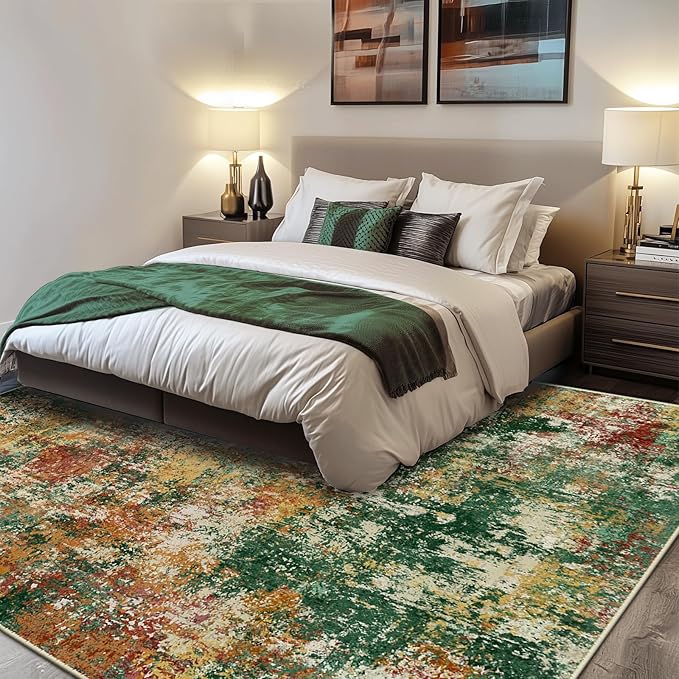 RELEANY Washable Area Rugs 8'x10' Non-Slip Modern Abstract Soft for Living Room Entryway Bedroom Kitchen, Print Pattern, Green Orange Rust Red Cream Colorful