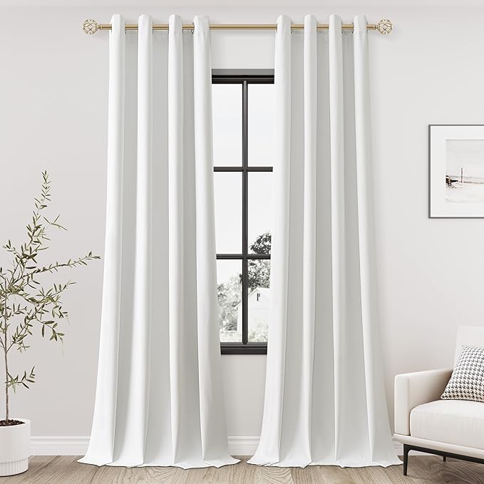 Jowels Off White Linen Blackout Curtains 90 Length 2 Panels Set for Living Room Bedroom, 100% Black Out Thermal Insulated Linen Drapes, Room Darkening Grommet Curtains 90 Inches Long, Off White