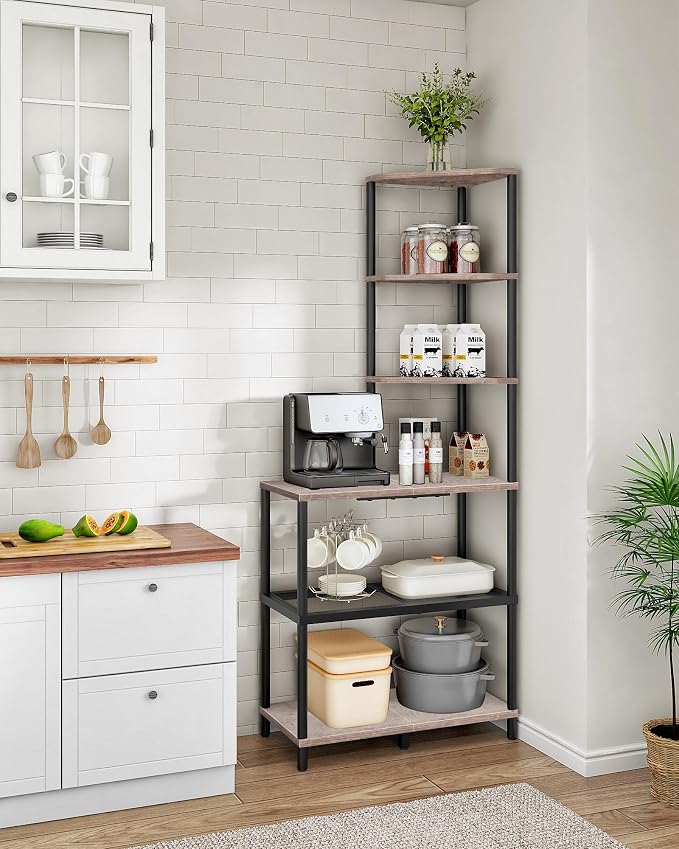 CHOEZON 6-Tier Corner Shelf, Industrial Corner Bookshelf with Desk Top, Diamond-Shaped Storage Shelves, Display Stand for Small Spaces, Living Room, Home Office, Foyer, Greige and Black TCJ70BG