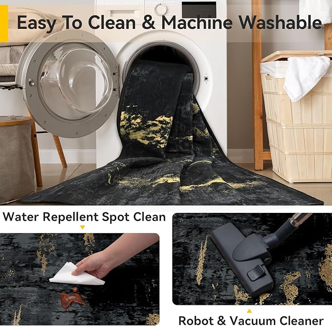 RELEANY Washable Area Rugs 2x7 Non-Slip Modern Abstract Soft for Living Room Entryway Bedroom Kitchen, Print Pattern, Dark Black Gold