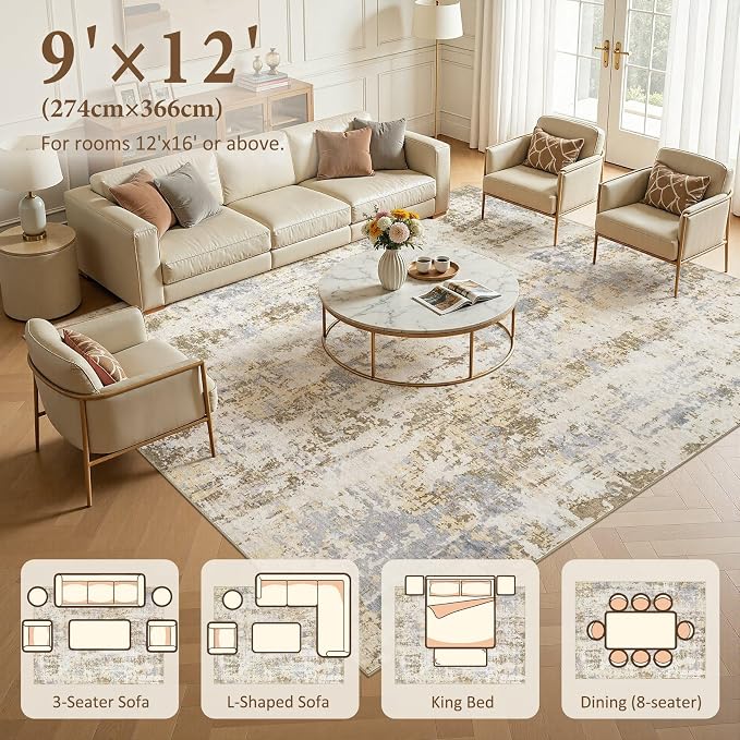 Area Rugs 9x12 Living Room: Washable Large Abstract Modern Neutral Soft Rug Stain Resistant Non-Slip Backing Carpet for Bedroom Dining Room Indoor Nursery Dorm Home Office Decor - Brown
