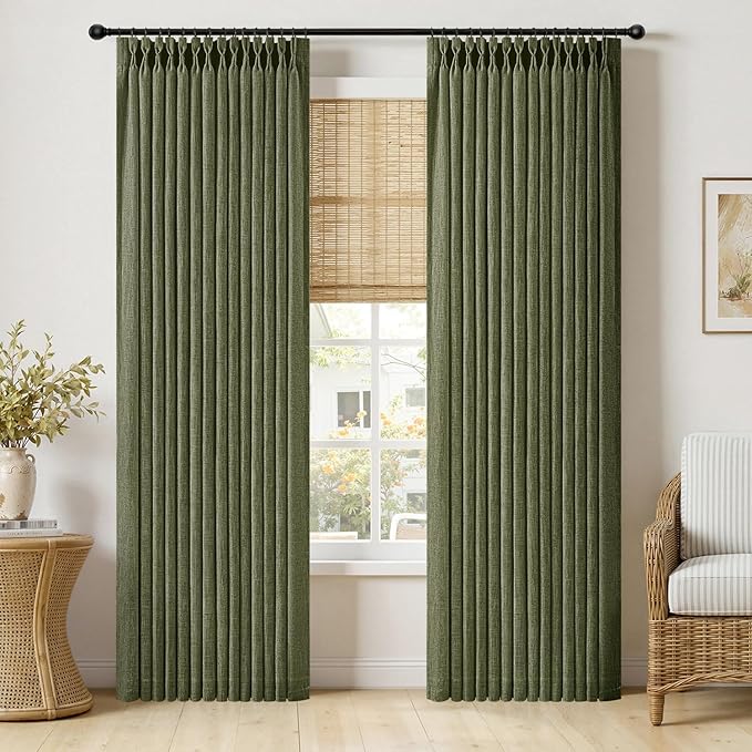 MIULEE Olive Green Pinch Pleated Linen Curtains 90 Inches Long 2 Panels for Living Room Bedroom, Linen Texture Memory Trained Drapes Pleat Back Tab Semi Sheer Moss Green Window Curtains with Hooks
