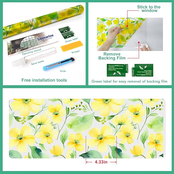SOMWISE Frosted Glass Window Privacy Film with Tools, Heat Blocking, Anti-UV, Anti-Glare, Static Cling, Decor for Home Bathroom Door, Renter Friendly, Removable, Reusable, Yellow 17.5Inchx157Inch