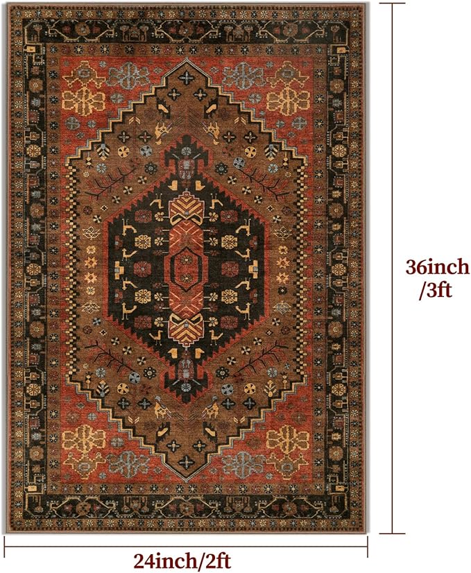 Ciicool Small Area Rug, 2x3ft Red Boho Rug, Ultra Soft Entry Rugs for Entryway, Non-Slip Washable Rugs Oriental Low-Pile Indoor Mat Floor Carpet for Entrance Bedroom Kitchen Bathroom Foyer Decor