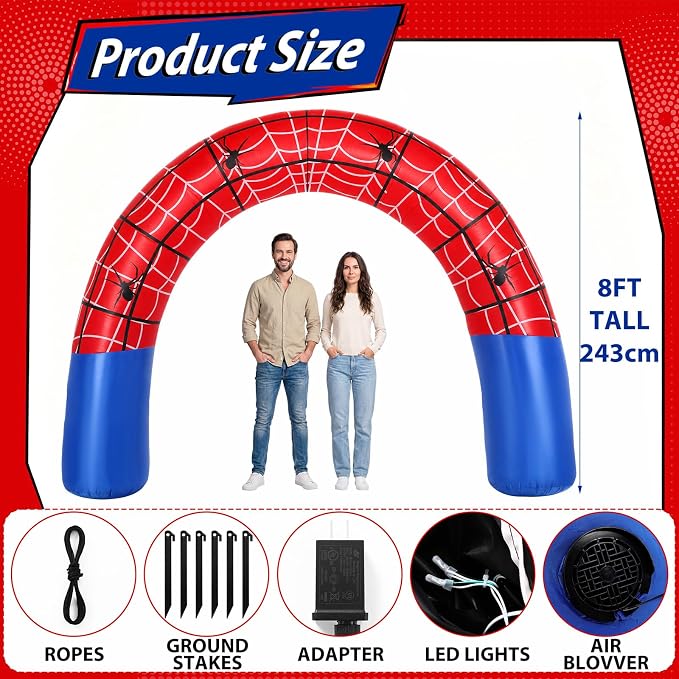 Jenaai 8ft Giant Spider Web Inflatable Arch Blow up Inflatable Outdoor Yard Decorations with Built in LED Lights Red Spider Web Theme Birthday Party Decor for Garden Lawn