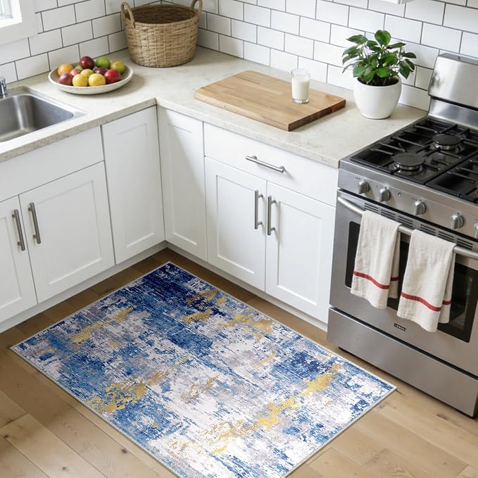 RELEANY Washable Area Rugs 3x4 Non-Slip Modern Abstract Soft for Living Room Entryway Bedroom Kitchen, Print Pattern, Grey Blue Gold/Golden