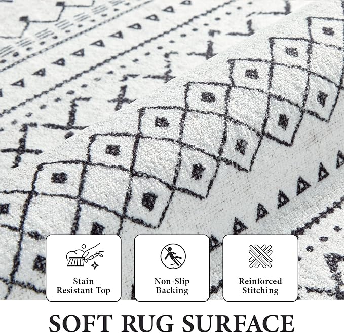 Area Rug for Living Room 6x9: Large Washable Boho Moroccan Rugs Geometric Neutral Rug, Non-Slip Foldable Morden Farmhouse Indoor Floor Carpet for Bedroom Dining Table Home(Black,6'X9')
