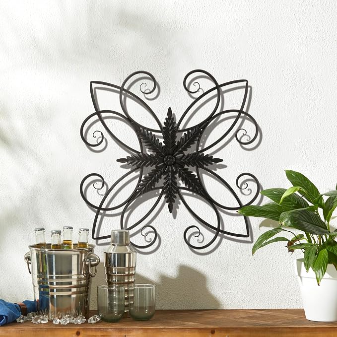 Glitzhome Black Metal Wall Art Decor, 20 Inch Iron Wall Decor with Clematis Scroll Pattern, Indoor Outdoor Wall Accent for Garden Porch Patio