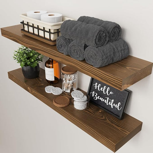 Solid Wood Floating Shelves for Wall 30 Inches Long, Walnut Wooden Shelf | Real Wood, Large Bathroom Shelf, 30 Inch, Heavy Duty, Kitchen Bedroom Rustic Farmhouse, Walnut Finish, 30W × 6.7D, Set of 2