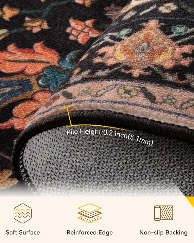 RELEANY Area Rugs Runner 2'x9' Washable Non-Slip, Floral Vintage Distress Medallion Carpet for Kitchen Hallway Bedroom Beside Laundry Room Bathroom, Black Colorful Floral Dark Tan