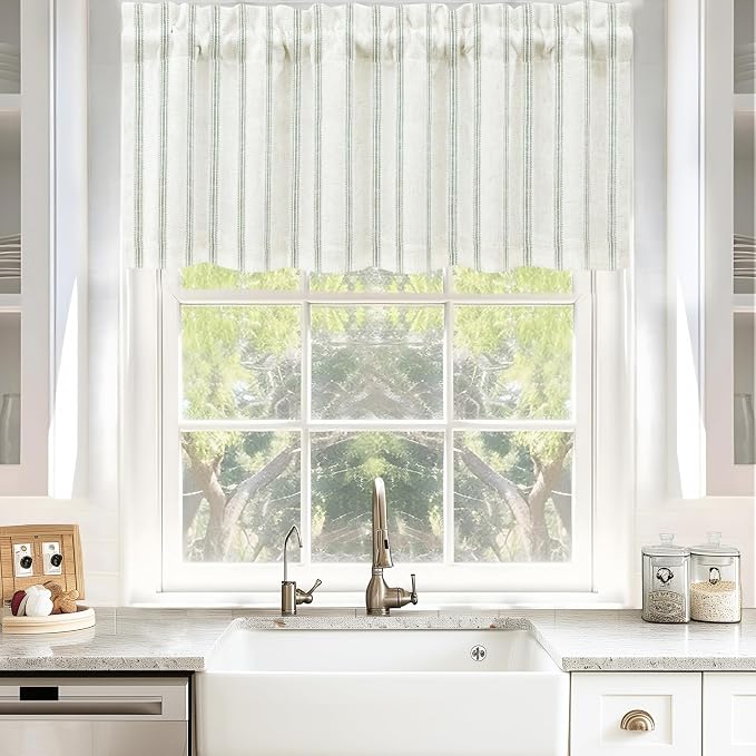 DriftAway Farmhouse Linen Lined Valance Double Layer Thermal Insulated Room Darkening Blackout Window Valances 3 Inch Rod Pocket Vertical Striped Kitchen Valance Single 52 Inch by 24 Inch Loden Green
