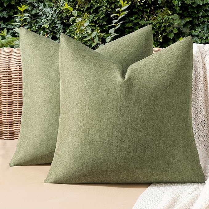 MIULEE Pack of 2 Decorative Outdoor Solid Waterproof Throw Pillow Covers Faux Linen Garden Farmhouse Cushion Cases for Patio Tent Balcony Couch Sofa 16x16 Inch Dark Green