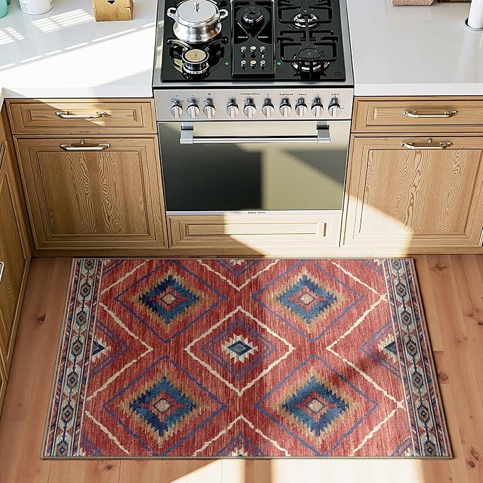BESTSWEETIE Area Rug 2x4 Rug Machine Washable Non-Slip Low Pile Print Pattern Western Rug for Living Room Bedroom Entryway Tribal Series-Red/Orange