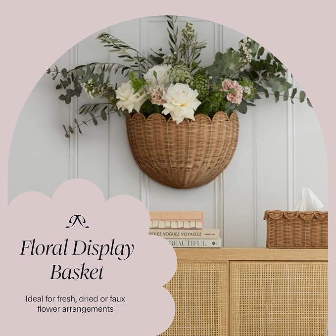 BEBE BASK Scalloped Wicker Hanging Basket - The Original Wicker Wall Decor - Hand Woven Wall Basket - Home Décor Wall Hanging Basket - Wall Storage Basket for Nursery, Living Room and Bathroom (Mocca)