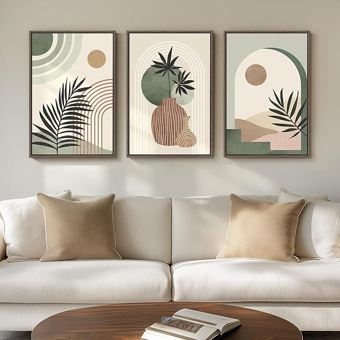 Framed Sage Green Boho Wall Art Bedroom, 3 Piece Neutral Bohemian Botanical Paintings Prints Canvas Artwork for Walls, Large Mid Century Modern Pictures for Living Room Kitchen Wall Decor, 16x24 Inch