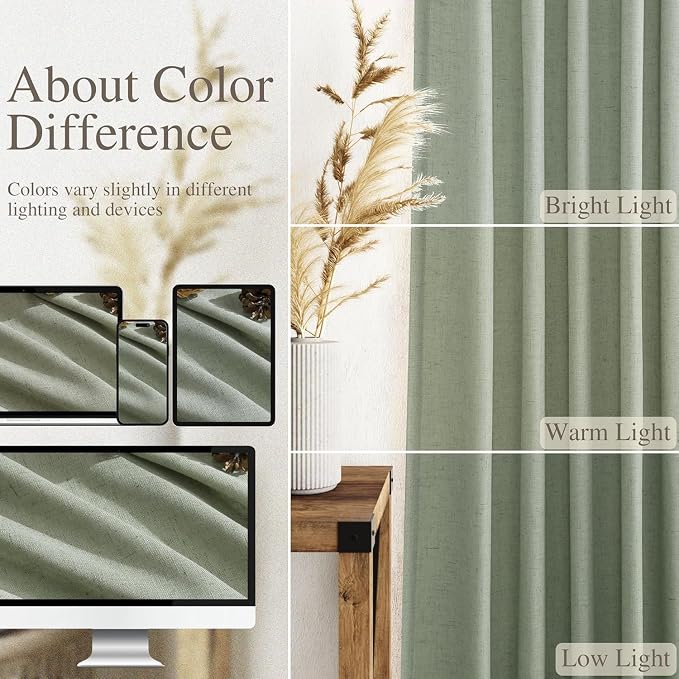 Desert Sage Linen 144 Inch Curtains for Living Room Light Filtering Semi Sheer Curtain Back Tab Rustic Farmhouse Decor Elegant Soft Drapes Floor to Ceiling High Window for Bedroom 52x144, 2 Panels