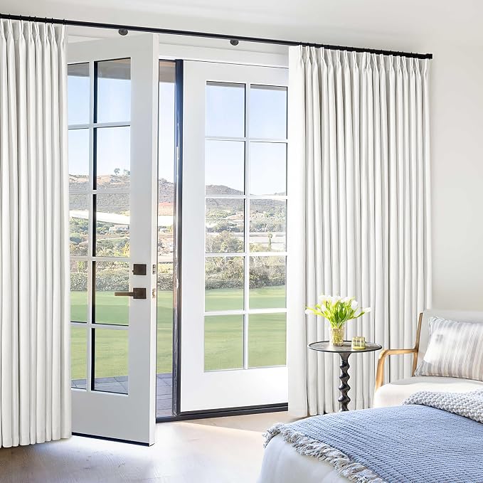 Extra Wide 60 Inch Width Blackout Curtains 92 Inches Long for Bedroom Living Room Darkening Linen Pinch Pleated Office Thermal Insulated Ceiling Track Window Sliding Door Drapes Beige White 1 Panel