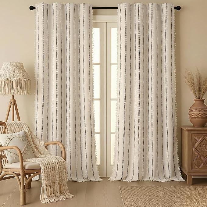 Beige Boho Blackout Curtains 2 Panels 96 Inch for Living Room Bedroom, Linen Texture Farmhouse Curtains with Tassels and Black Cotton Embroidery Vintage Rustic Western Rod Pocket
