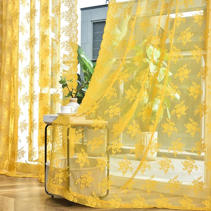 Kotile 72 Inch Gold Lace Curtains 2 Panels, Country Rustic Retro Mustard Yellow Sheer Lace Curtains 72 Inches Long for Living Room, Rod Pocket Light Filtering Privacy Window Curtain Drapes, 52 x 72 In