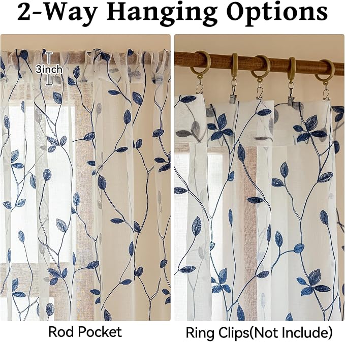 AmHoo 2 Panels Embroidered Leaf Pattern Semi Sheer Curtains Foliage Floral Voile Window Draperies Treatment for Bedroom Living Room Rod Pocket White Blue Lolite 53 x 95 Inch