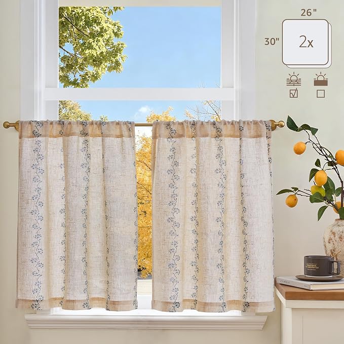 jinchan Katy Linen Floral Kitchen Curtains 30 Inches Length Stripe Cafe Curtains Farmhouse Cottagecore Tier Small Window Drapes for Living Room Light Filtering Rod Pocket 2 Panels Blue on Linen
