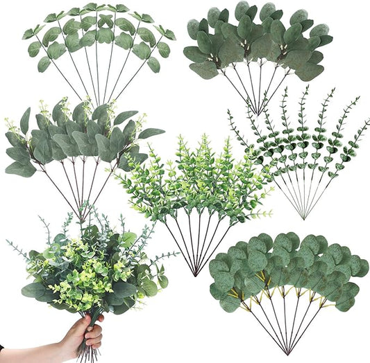Ceenna 30 Pcs 6 Kinds Mixed Greenery Stem Artificial Faux Eucalyptus Leaves Silver Dollar Eucalyptus Picks and Sprays for Vase Dried Fake Greenery Filler Leaves Bundle for Wedding Floral Arrangement