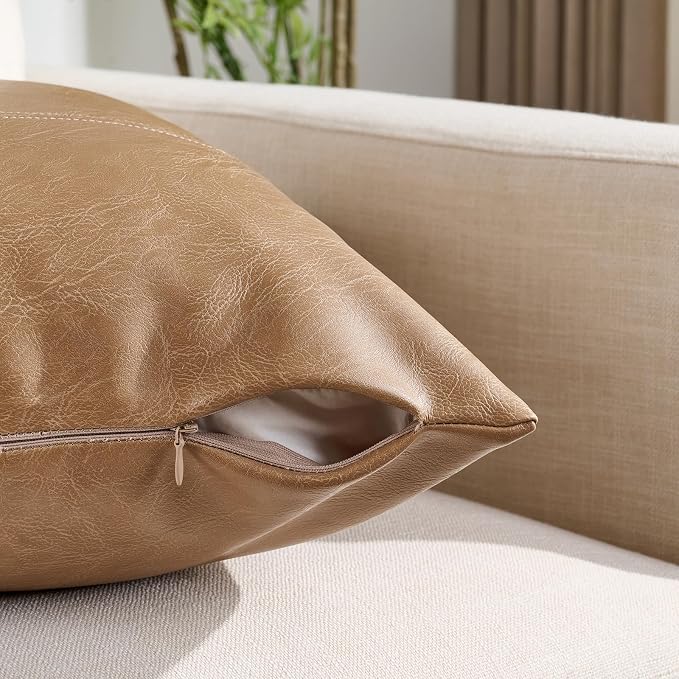 Fancy Homi Light Brown Boho Long Square Faux Leather Decorative Throw Pillow Covers 18x18 Inch for Living Room Couch Bed Sofa, Hand Stitched Cushion Case, Rustic Modern Farmhouse Home Decor