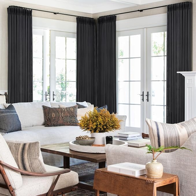 Pinch Pleated Linen Black Curtains 102 inch Length for Living Room 2 Panel Set Light Fitering Semi Sheer Black Window Curtain Pinch Pleate with Hooks Rustic Farmhouse Bedroom Long Drapes 102