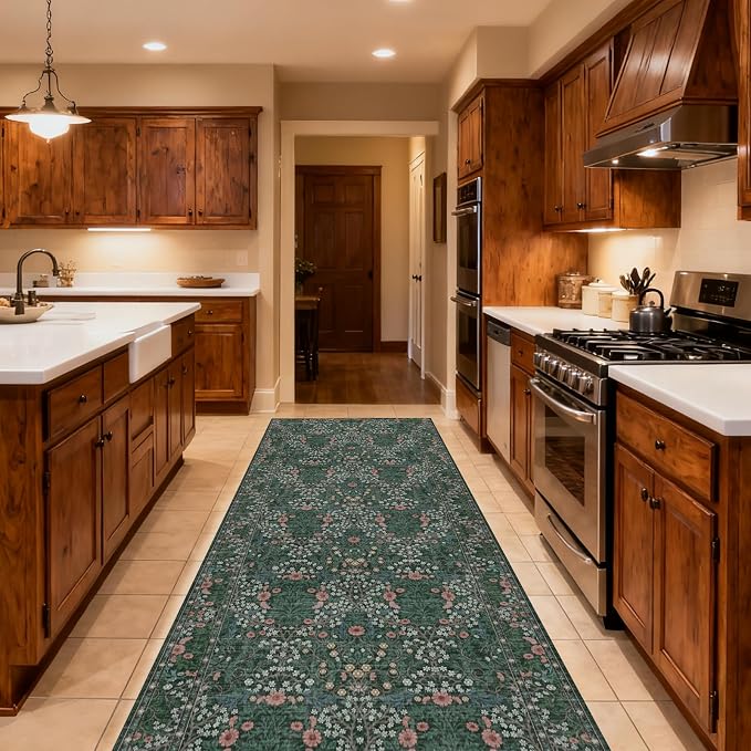 Washable 2'6" x 8' Runners for Hallways, Non Slip Long Floor Runner for Kitchen, Entryway Indoor, Stain Resistant Rubber Backing Floral Decor Rug (Green)