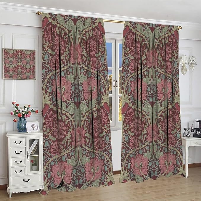 William Morris Art Vintage Flower Curtains, Rustic Retro Plant Nature Floral Print Blackout Window Treatments Drapes, for Living Room Bedroom Kitchen 27.5(W)*63(L) 2 Panels