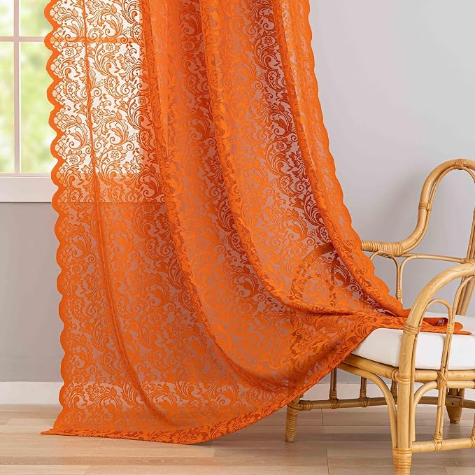 ALIGOGO Orange Sheer Curtains Luxury Embroidered Floral Orange Curtains 2 Panels 96 Inches Long for Living Room Boho Scalloped Rust Rod Pocket Lace Fall Decor, 52 x 96 Inch