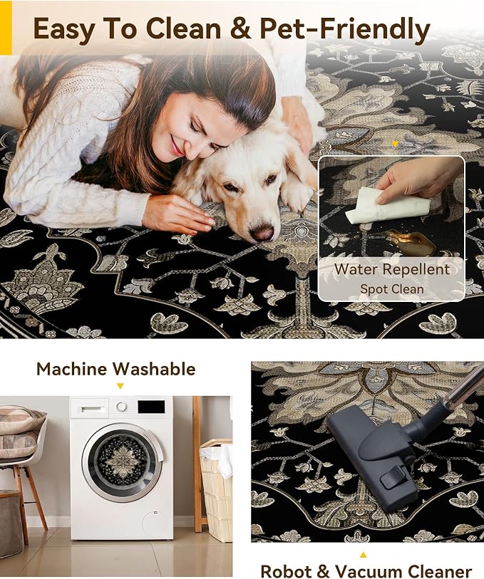 RELEANY Area Rugs Round 6ft Washable Non-Slip, Floral Vintage Distress Medallion Carpet for Living Room Bedroom Dining Room, Black Brown Neutral Dark Tan