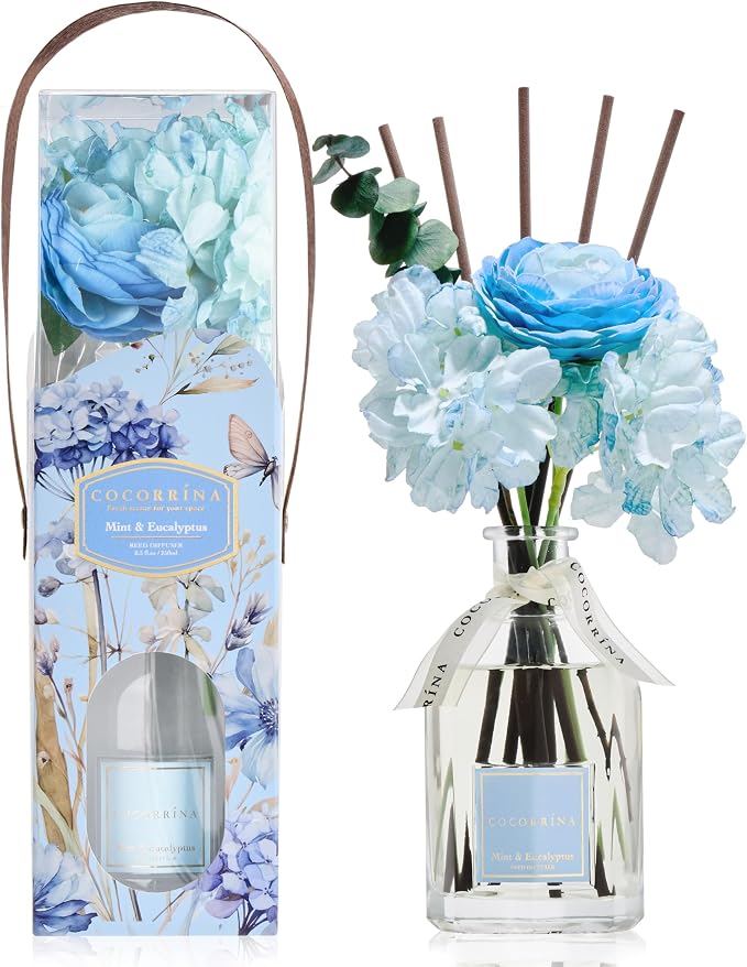 COCORRÍNA Reed Diffuser - Mint & Eucalyptus 8.5 Fl.oz Flower Reed Diffuser with Sticks, Bedroom Bathroom Shelf Decor (Floral Basket Collection)