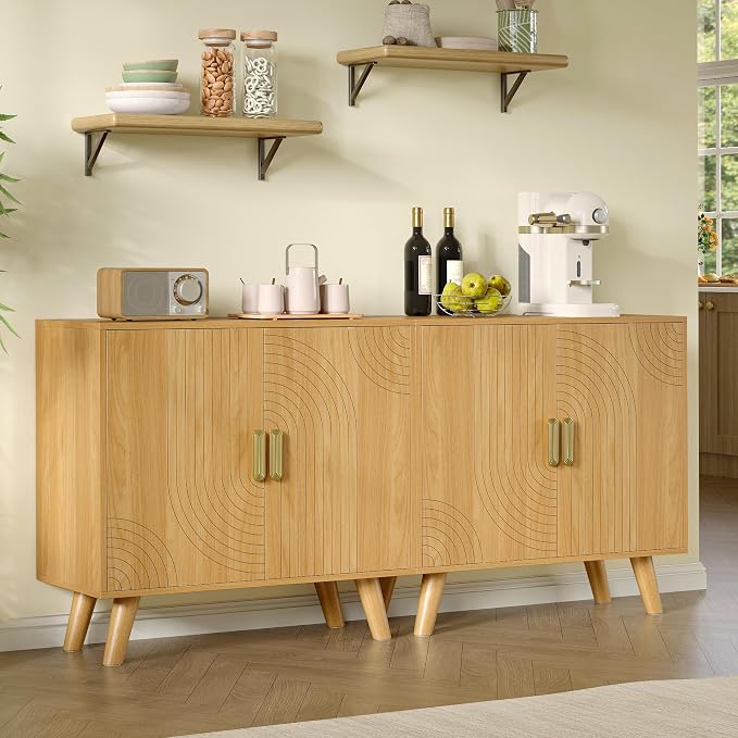 Sideboard Buffet Cabinet with Storage, Line-Grooved Storage Cabinet, Oak | Accent Cabinet with Doors and Adjustable Shelf for Kitchen Dining Living Room Hallway‌ Entryway
