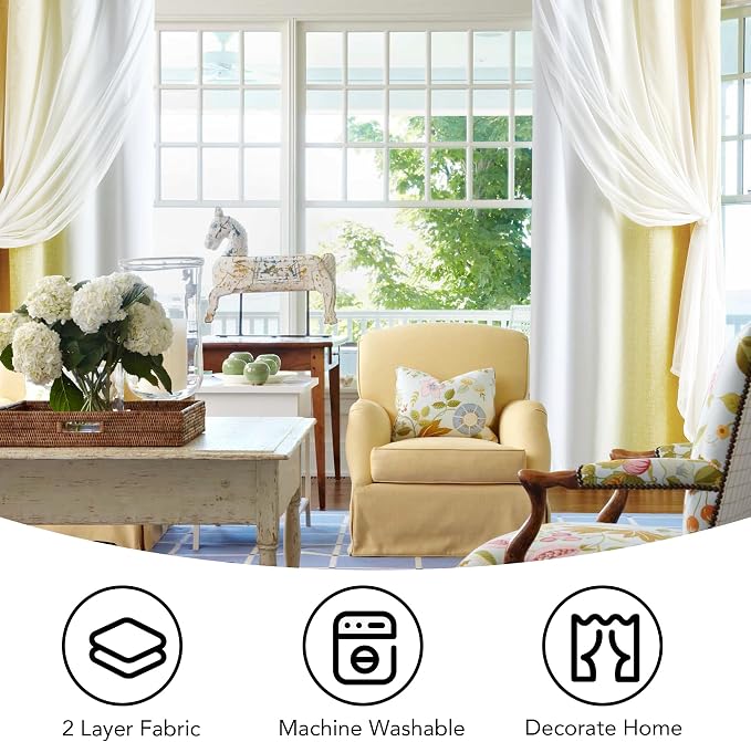 Ombre 100% Blackout Curtains 54 Inches Long 2 Panels for Bedroom Living Room Yellow and White Double Layer Sheer Overlay Mix & Match Grommet Thermal Soundproof Drapes with Tiebacks, 52x54