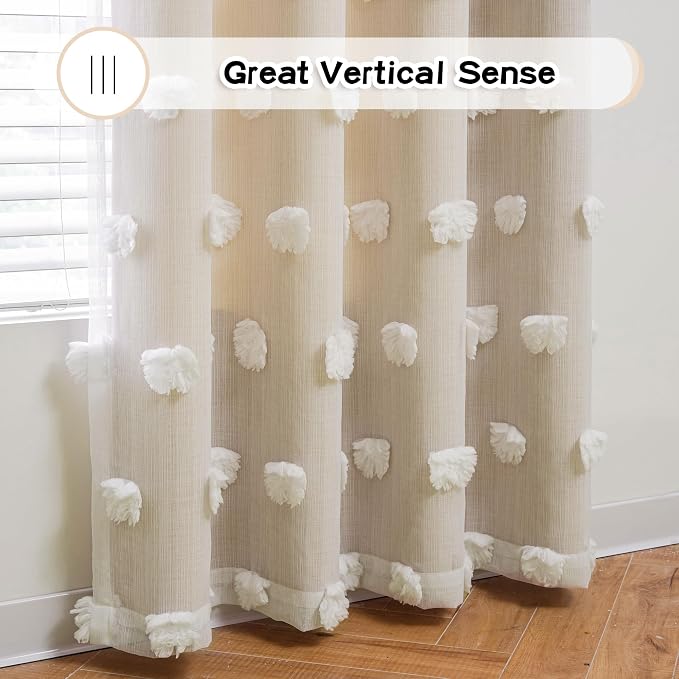 MYSKY HOME Beige Curtains for Bedroom 63 Inch Long Double Layer Curtains for Kids Room Kithen Beige Pom Pom Sheer Nursery Curtains Grommet Room Darkening Window Curtains 2 Panels Set, 52 x 63 Inch