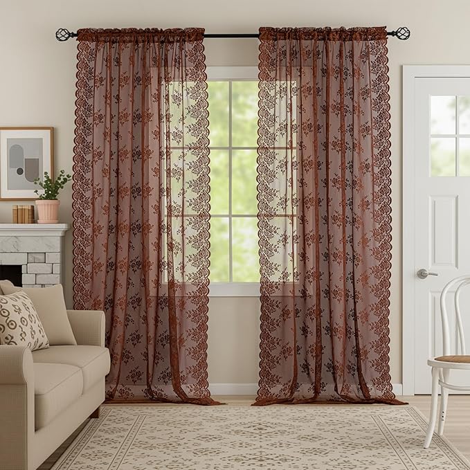 Kotile Brown Lace Curtains 72 Inches Long 2 Panels W42 x L72 in, Country Rustic Floral Warm Borwn Colored Sheer Curtains for Living Room, Rod Pocket Privacy Light Filtering Vintage Sheer Lace Curtain