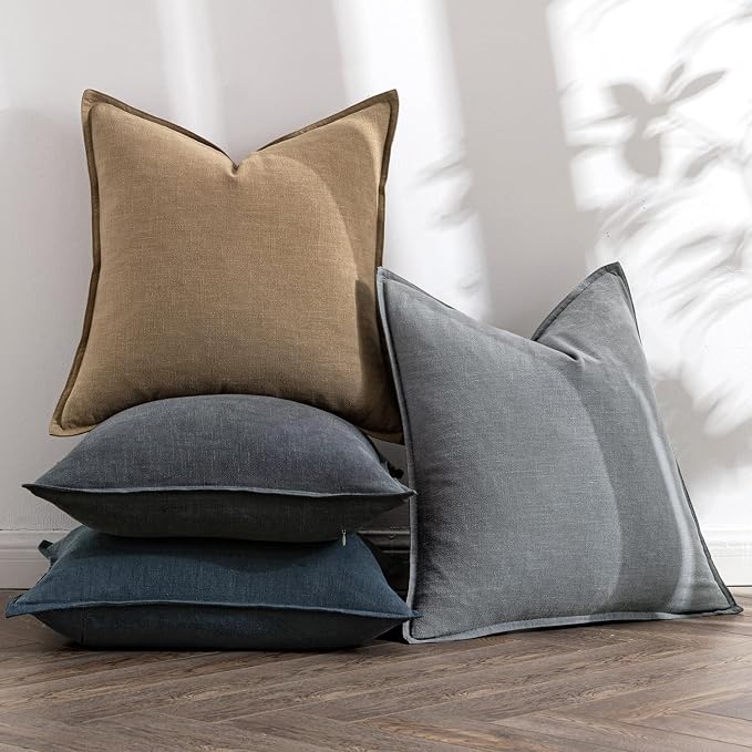 MIULEE Neutral Navy Boho Linen Pillow Covers 18x18 Inch Pack of 4 | Natural Decorative Throw Pillow Covers Soft Farmhouse Couch Pillowcases Coastal Home Decor for Living Room Bed Sofa