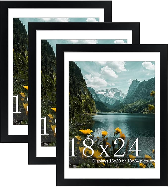 Picrit 18x24 Picture Frame 3 Pack, Black Poster Frame, Display Poster 16 x 20 with Mat or 18 x 24 without Mat for Horizontal or Vertical Wall Mounting
