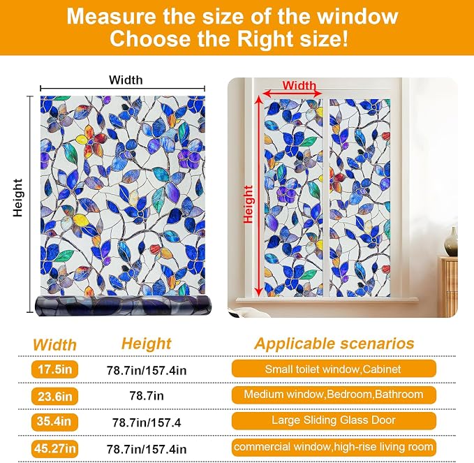 Countewol Colorful Leaf Static Cling Window Film Frosted Stained Glass Privacy Anti-Glare UV Protection for Home & Bathroom(Textured Stained Leaf, 45.2 x 78.7 in)