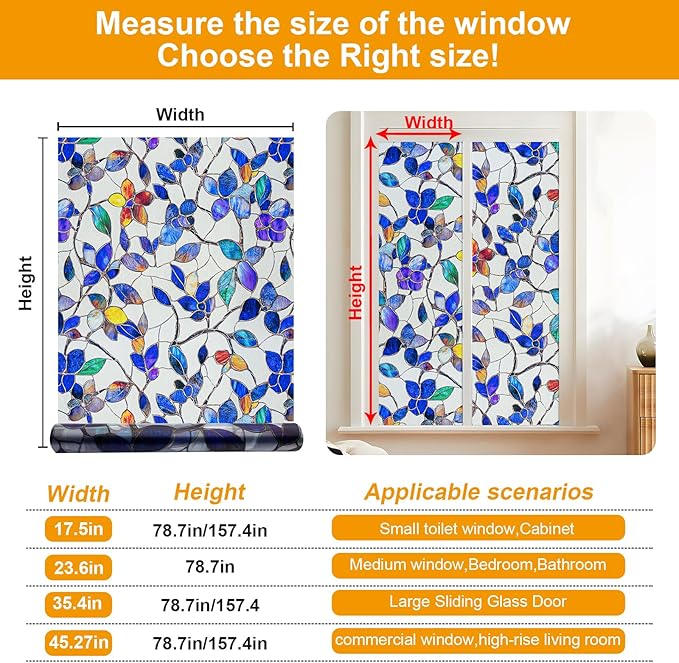 Countewol Colorful Leaf Static Cling Window Film Frosted Stained Glass Privacy Anti-Glare UV Protection for Home & Bathroom (Textured Stained Leaf, 17.5 x 78.7 in)