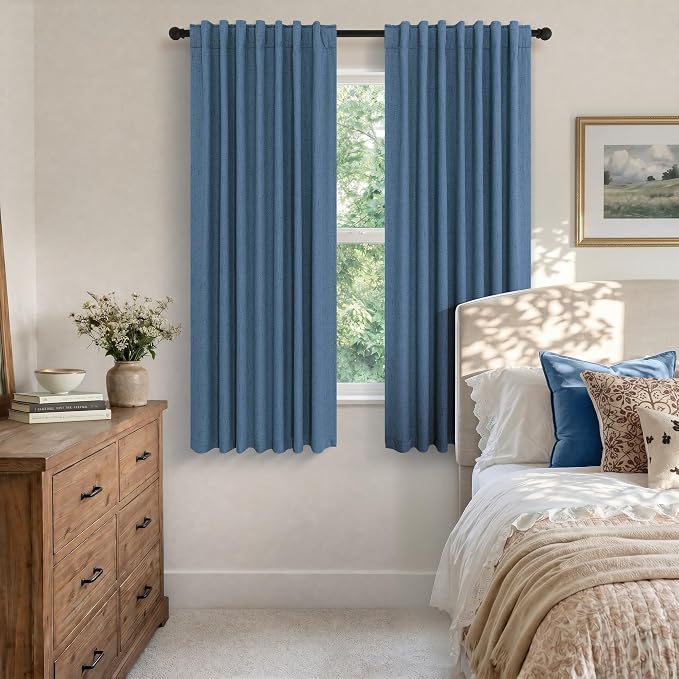 Denim Blue Living Room Darkening Curtains 72 Inches Long 2 Panels Set Faux Linen Cute Black Out Window Drapes for Bedroom Insulated Thermal Curtain for Summer Heat Winter Breakfast Nook 52x72 Length