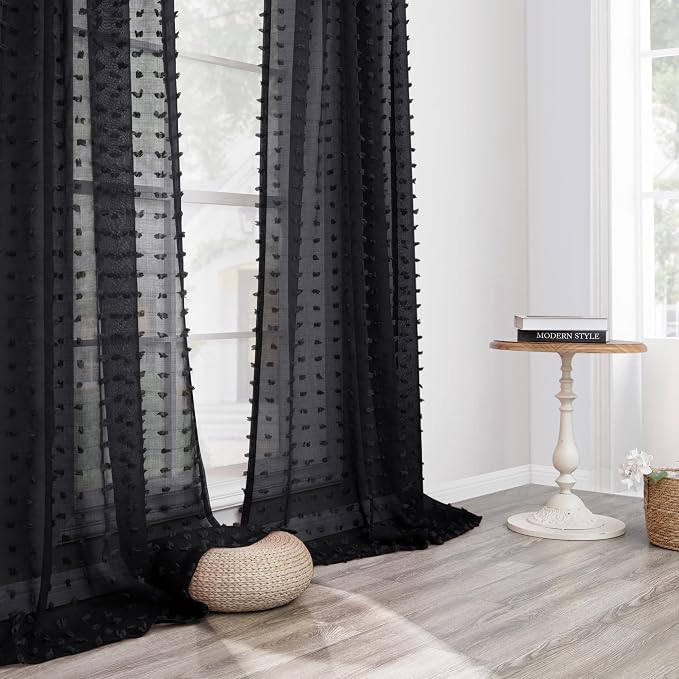 108 Inches Long Black Sheer Curtain Panels for Living Room Decor Back Tab Rod Pocket Luxury Elegant Pom Pom Tufted Floral Textured Boho Semi Sheer Curtains for Patio Hallway High Ceiling to Floor 9ft