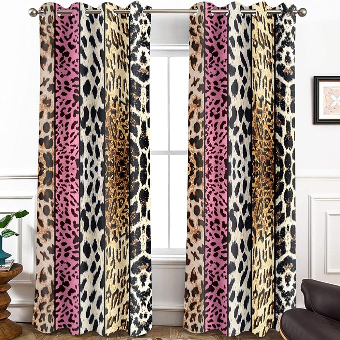 Wild Animal Print Curtain, Room Darkening Thermal Insulated Blackout Leopard Boa Window Drapes with Grommets for Living, Dining, Bedroom, Pink Leopard Print, 52"x 96", 2 Panels