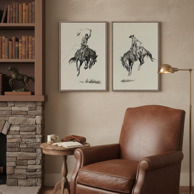 Framed Large Western Cowboy Wall Art for Living Room, 2 Piece Vintage Farmhouse Canvas Prints Paintings, Sketch Style Southwestern Country Picture Artwork for Bedroom Hallways Wall Decor, 16x24 Inch